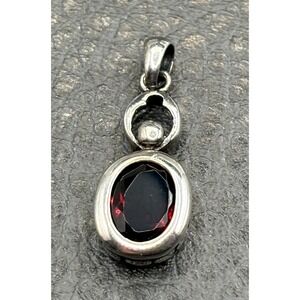Vintage Lucas Lameth Garnet Oval Pendant Sterling Silver Gemstone Charm Boho